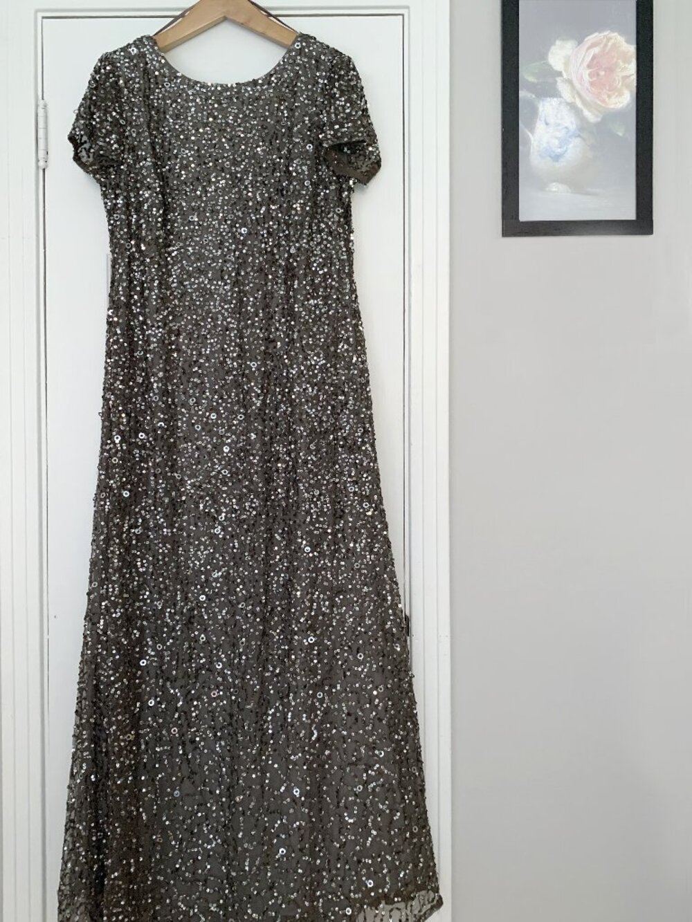 Adrianna Papell Scoop-Back All-Over Sequin Gown | Lead Gray | Size 18W